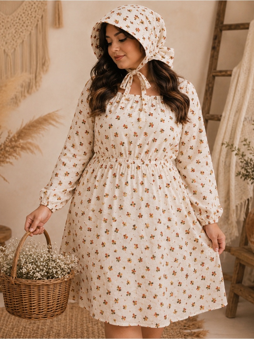 60s Handmade Prairie Cottage Core Abstract Midi Dress With Bonnet M